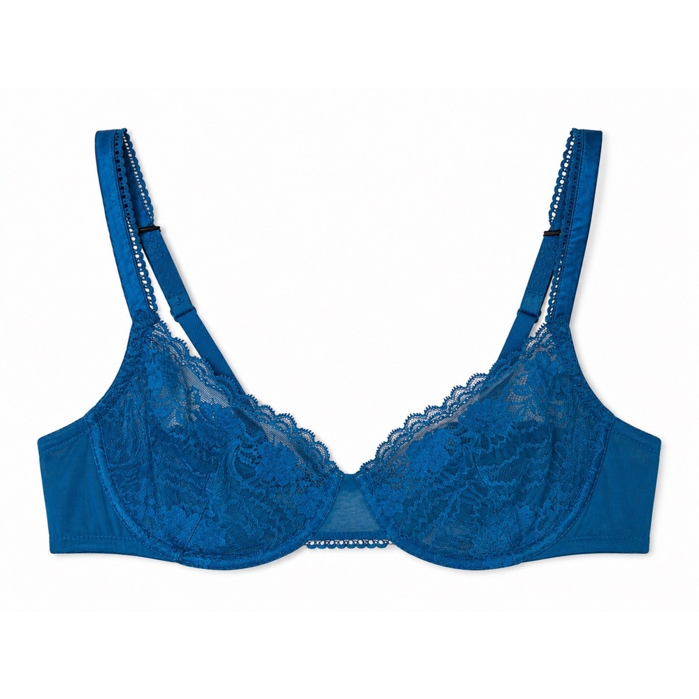 La Perla Teal Blue Floral Lace Underwire Bra US 32E 32 DD Italy 1 Scalloped Trim